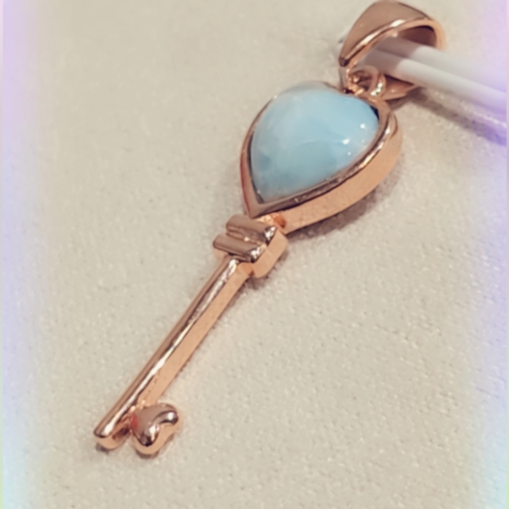 Rose Gold Plated Over Sterling Key Larimar Pendant - Picture 2 of 3